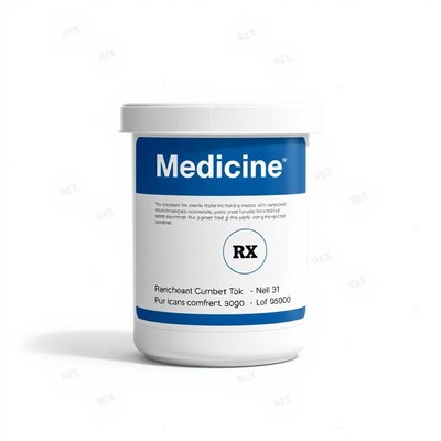 A white container of medicine with a blue label