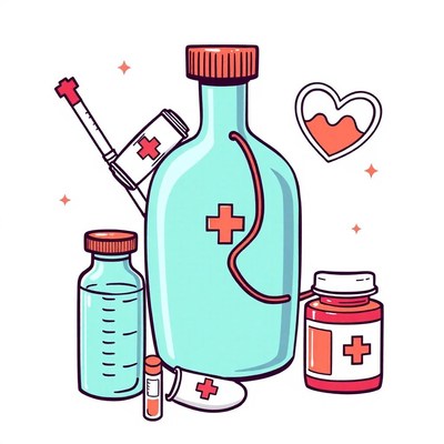 A bottle of medicine is surrounded by other medical supplies