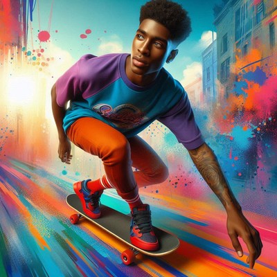 A man rides a skateboard in the city