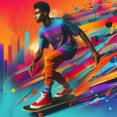 A man skateboards through a colorful city
