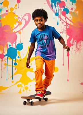 Boy skateboards by a colorful splatter wall