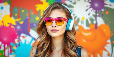 Woman in sunglasses and headphones by a colorful wall