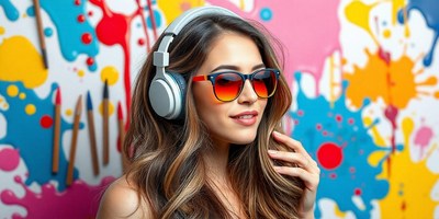 Woman with headphones enjoys music by a colorful wall