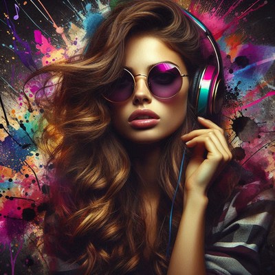 A woman listens to music with headphones