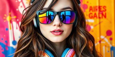 Woman with sunglasses and headphones by a colorful wall