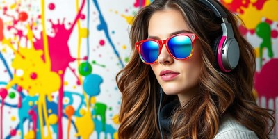 Woman wears headphones by a colorful wall