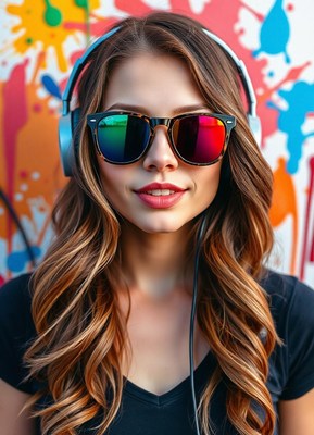 Woman in sunglasses and headphones smiles by wall