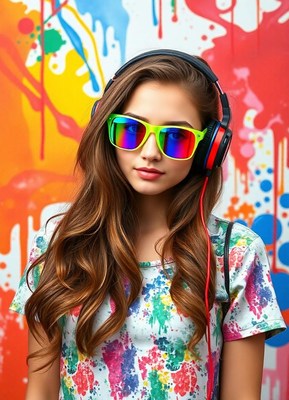 Woman with colorful shades and headphones by a wall
