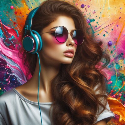 A woman listens to music with headphones