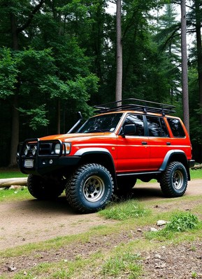 A red suv sits in the woods