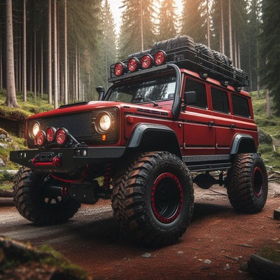 A red jeep is parked in a forest