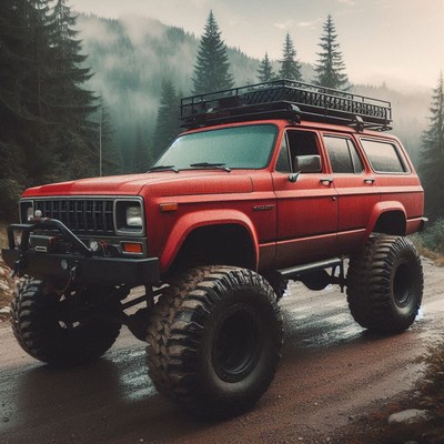 A red truck drives through a forest