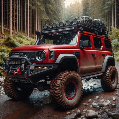 A red off-road vehicle drives through a forest