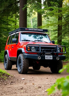 A red suv drives on a dirt road in the forest