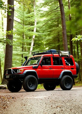 A red suv parked on a forest road