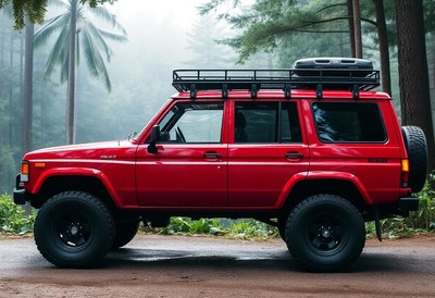 A red suv parked in a forest