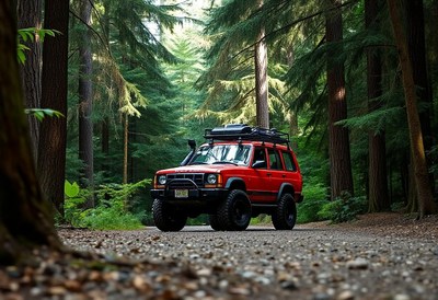 A red suv drives through a forest on a gravel road