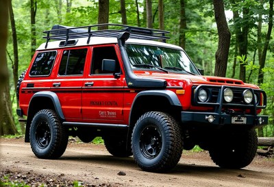A red off-road vehicle in a forest