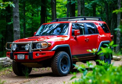 A red suv drives through a forest