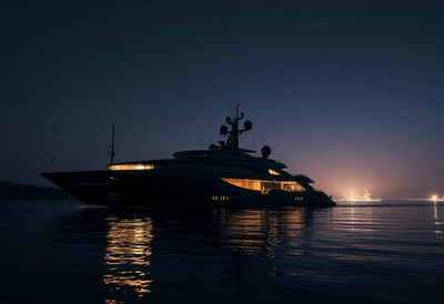 A yacht sails at night with distant city lights