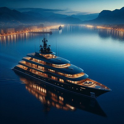 A large yacht sails through the calm waters at dusk