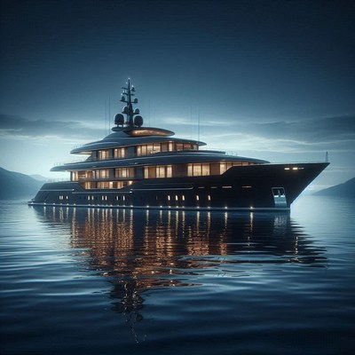 A large yacht sits in the water at dusk