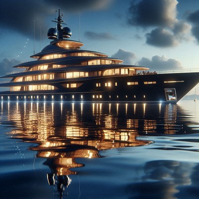 A large yacht sits on the water at dusk