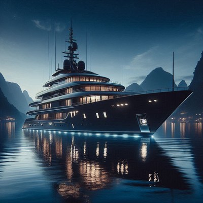 A large yacht sits on the water at dusk