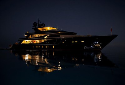 A large yacht is anchored in the water at night