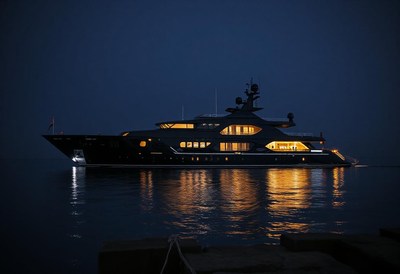 A luxury yacht at night with lights on