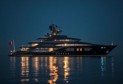 A large yacht sits at anchor in the water at night