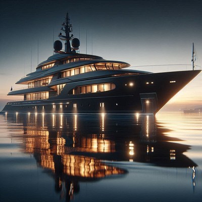 A large yacht sails on the water at dusk