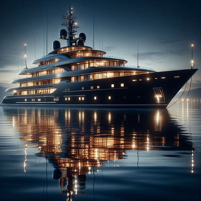 A large yacht is anchored in the water at dusk