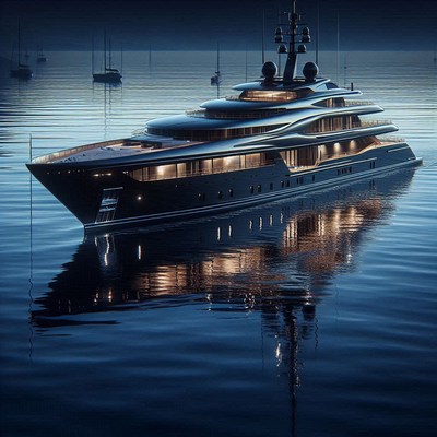 A large yacht rests on the water at night