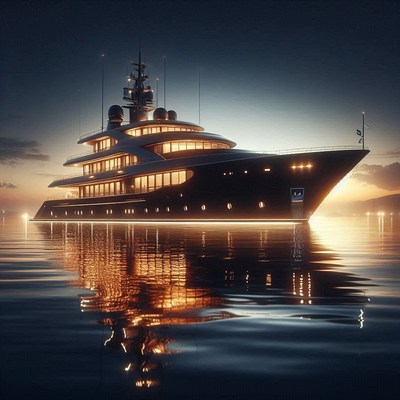 A large yacht sits at anchor at sunset