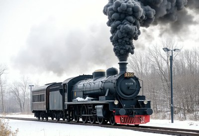 A steam engine chugs through snowy countryside