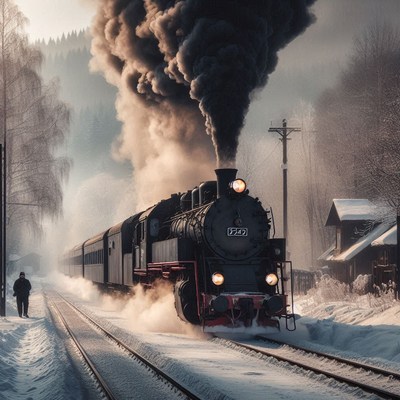 A steam train travels through a snowy landscape