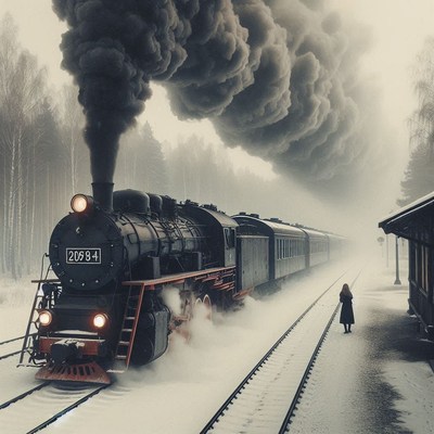 A steam engine train departs a station in winter