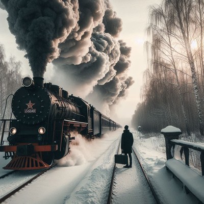 A steam train chugs through a snowy landscape