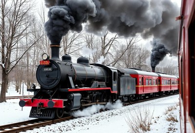 A steam locomotive travels through a snowy landscape