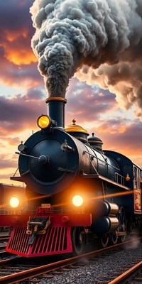 A steam engine train chugs through the countryside