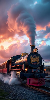 A steam engine train chugs through the countryside at sunset