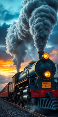 A train chugs through the countryside at sunset