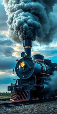 A blue steam engine chugs along the tracks