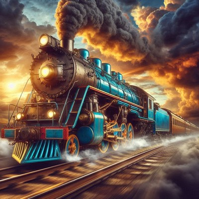 A blue train speeds through the countryside at sunset