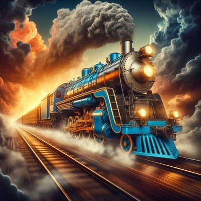 A blue train speeds through a cloudy sky