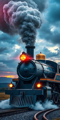 A vintage steam engine chugs along the tracks