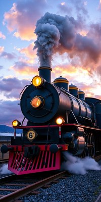 A vintage steam locomotive chugs along the tracks at sunset