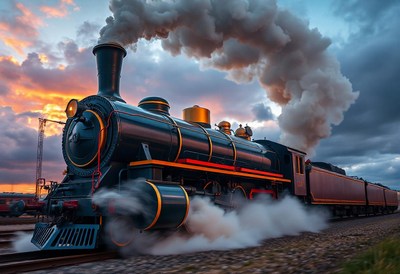 A steam locomotive speeds through the countryside at sunset