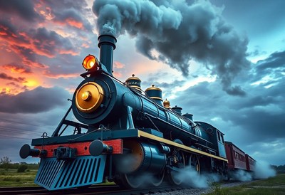 A blue steam train chugs through sunset countryside